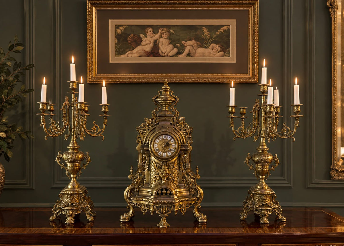 Antique French Rococo Style Brass Mantel Clock & Candelabra Set – 3-Piece Garniture