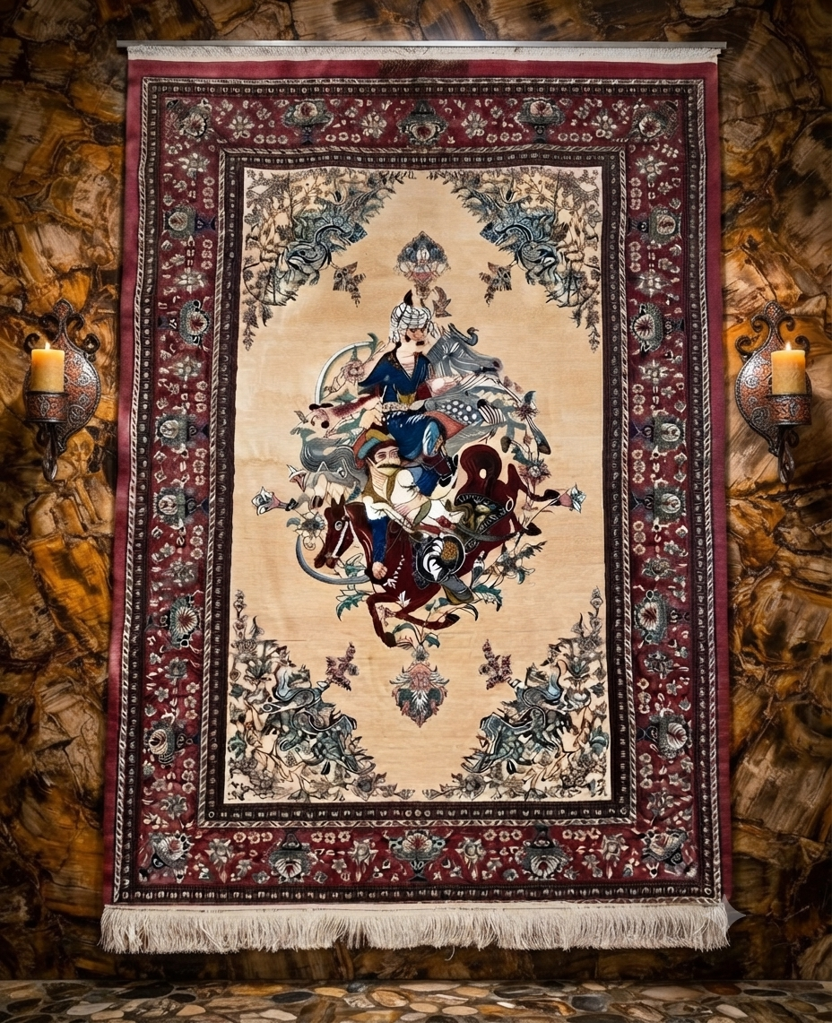 Persian silk rug Moghul Design Omar Khayyam design