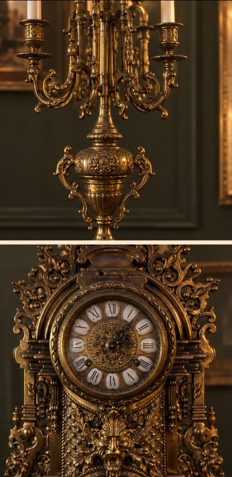 Antique French Rococo Style Brass Mantel Clock & Candelabra Set – 3-Piece Garniture