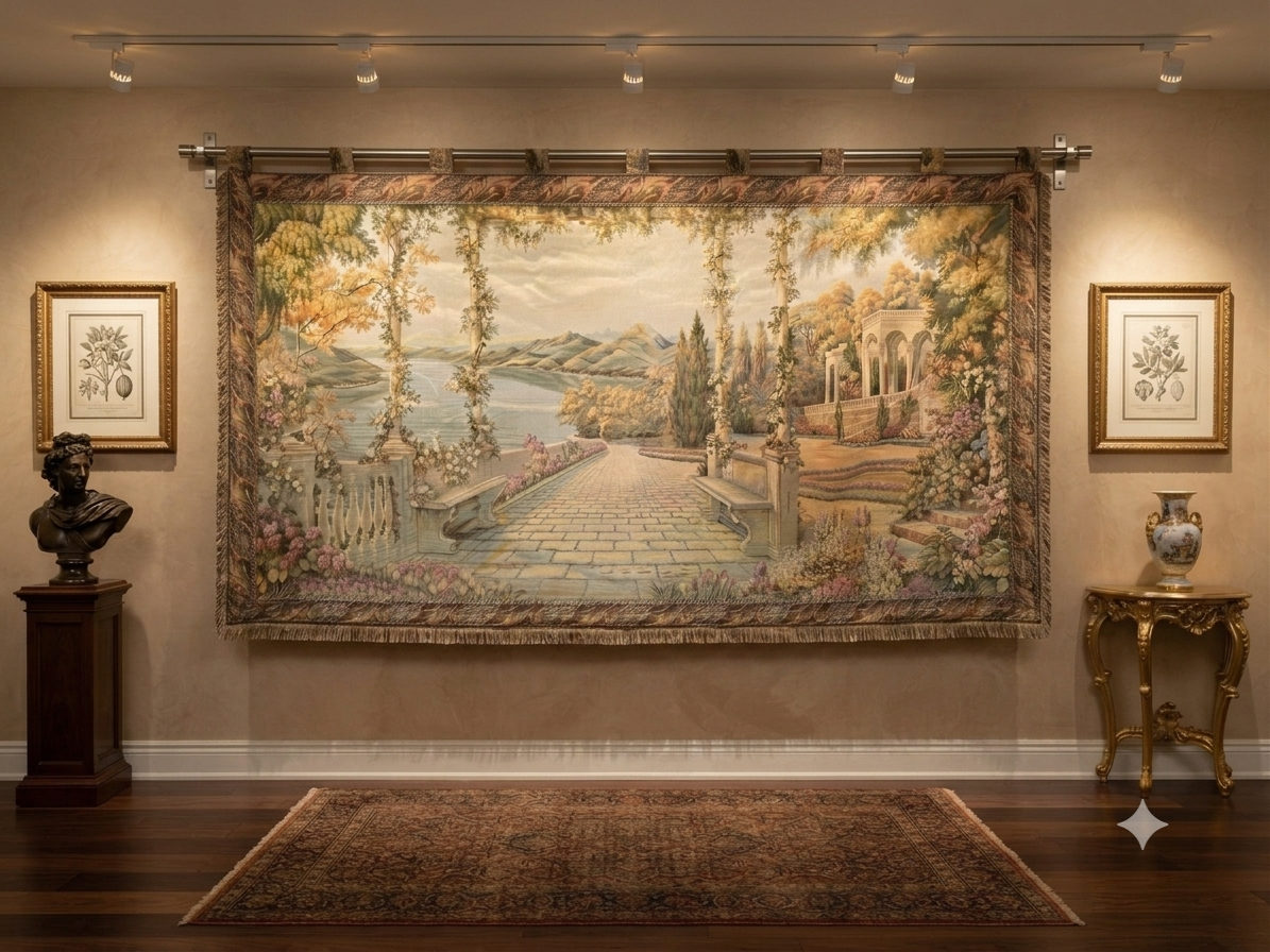 Authentic Italianate Villa Garden Scene Woven Jacquard Tapestry